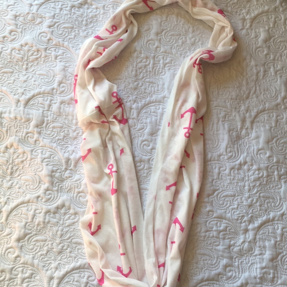 White infinity scarf with pink anchors